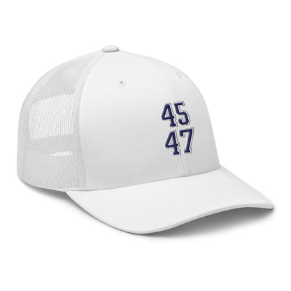 Donald Trump 45-47 Embroidered Mesh Trucker Hat Blue/White