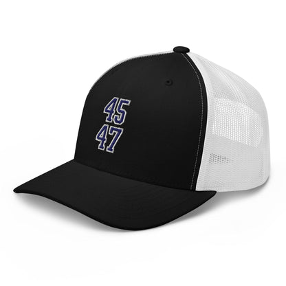 Donald Trump 45-47 Embroidered Mesh Trucker Hat Blue/White