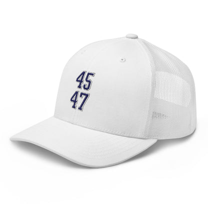 Donald Trump 45-47 Embroidered Mesh Trucker Hat Blue/White