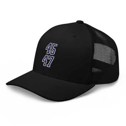 Donald Trump 45-47 Embroidered Mesh Trucker Hat Blue/White