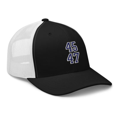 Donald Trump 45-47 Embroidered Mesh Trucker Hat Blue/White