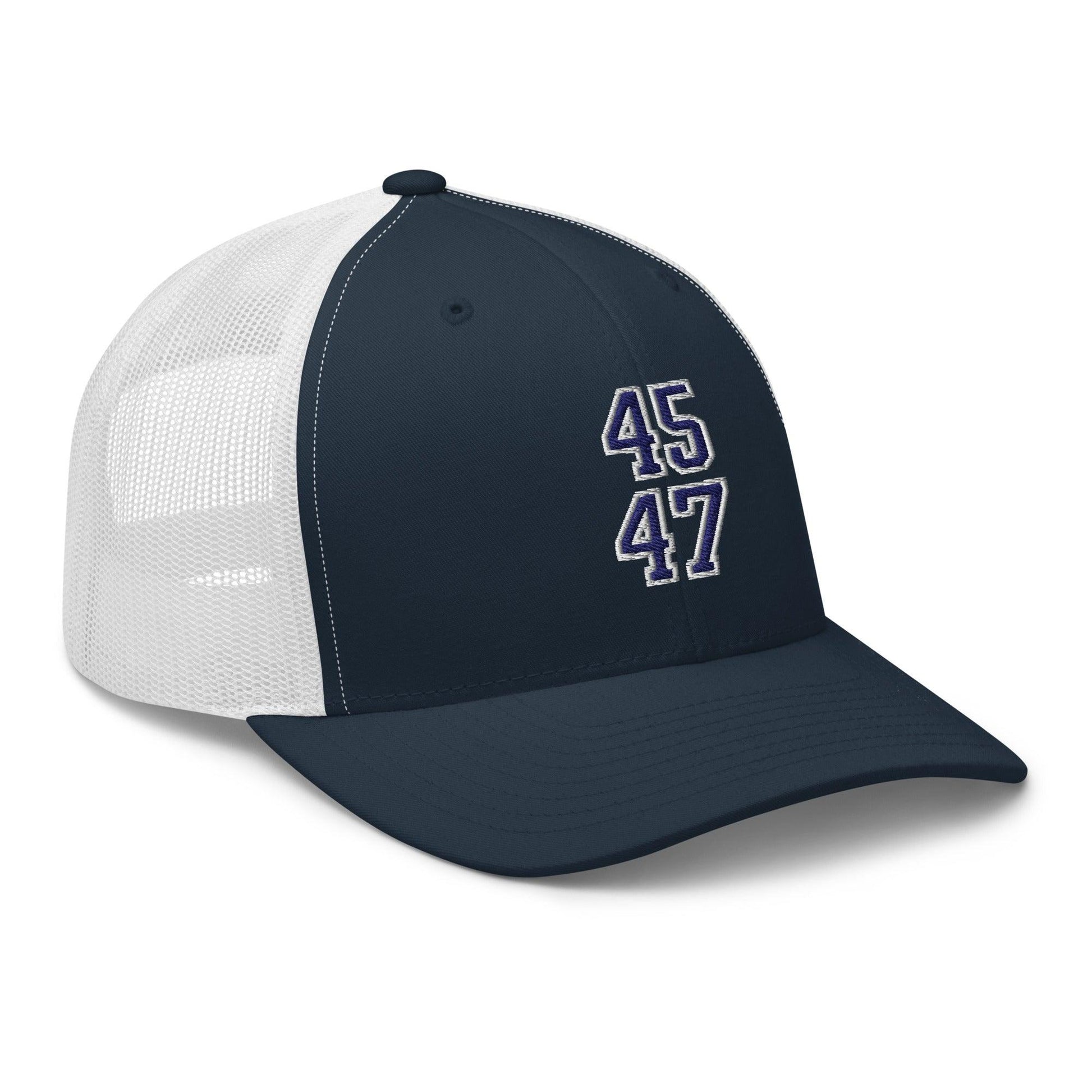 Donald Trump 45-47 Embroidered Mesh Trucker Hat Blue/White