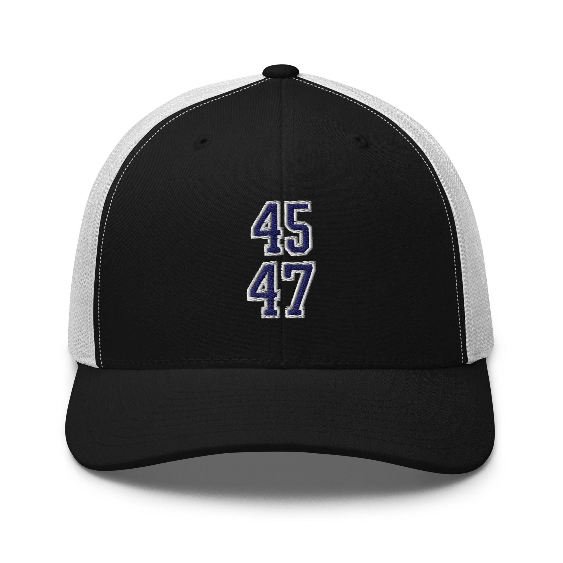 Donald Trump 45-47 Embroidered Mesh Trucker Hat Blue/White - Black/ White