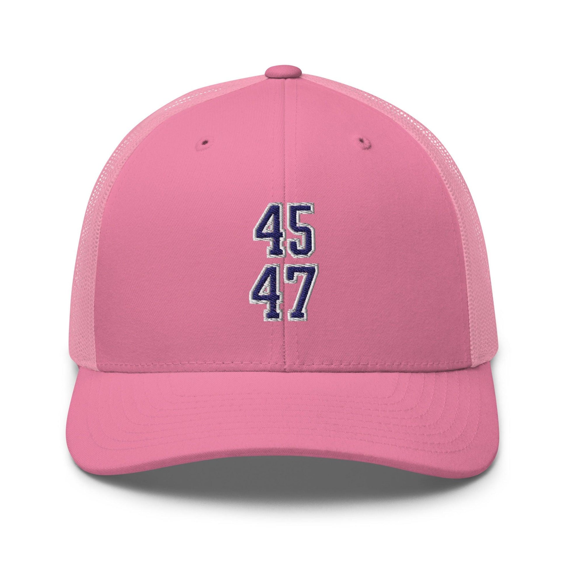 Donald Trump 45-47 Embroidered Mesh Trucker Hat Blue/White - Pink