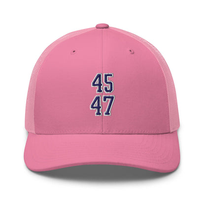 Donald Trump 45-47 Embroidered Mesh Trucker Hat Blue/White - Pink