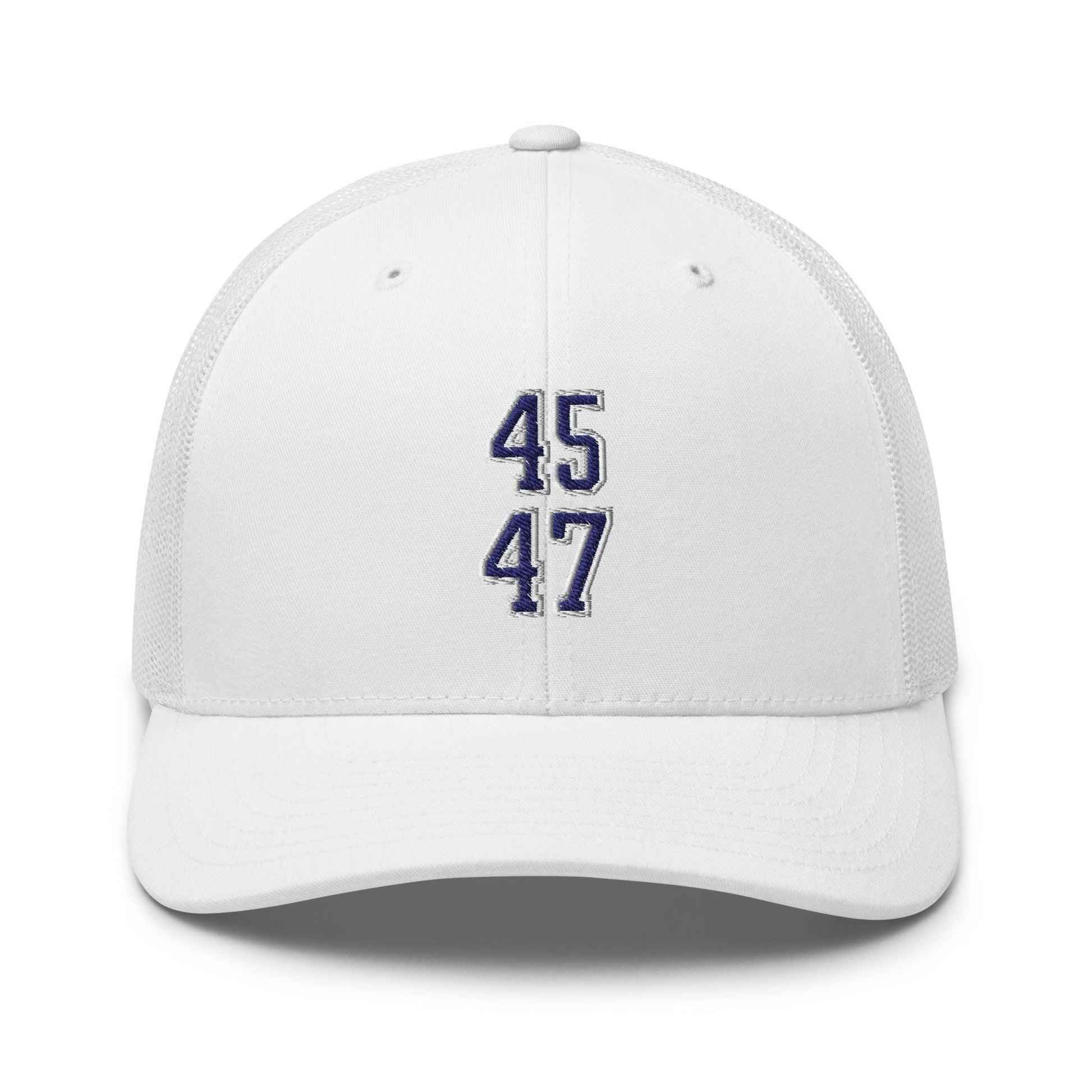 Donald Trump 45-47 Embroidered Mesh Trucker Hat Blue/White - White