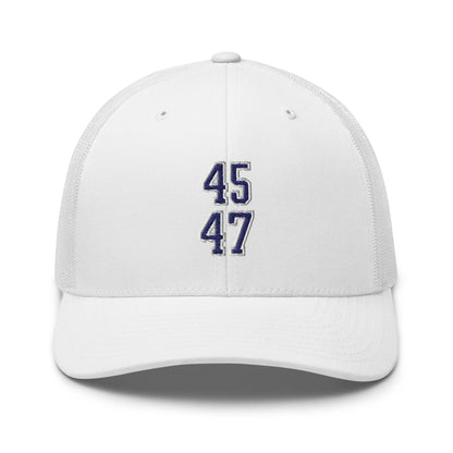 Donald Trump 45-47 Embroidered Mesh Trucker Hat Blue/White - White
