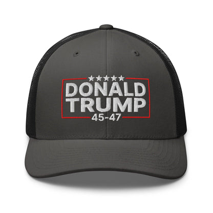 Donald Trump 45-47 Embroidered Mesh Trucker Hat - Charcoal/ Black