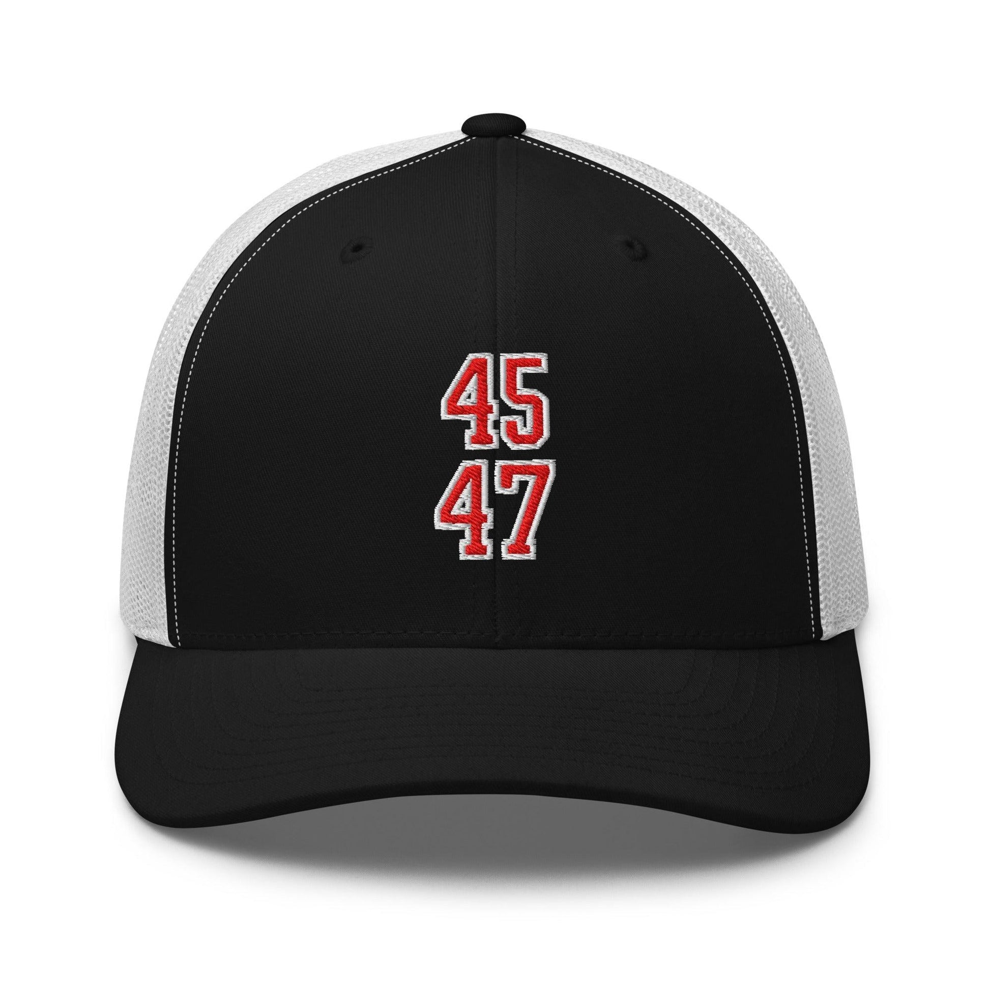 Donald Trump 45-47 Embroidered Mesh Trucker Hat Red/White - Black/ White