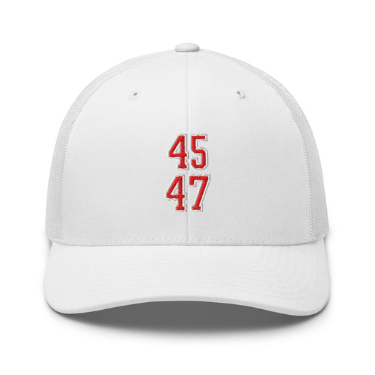 Donald Trump 45-47 Embroidered Mesh Trucker Hat Red/White - White