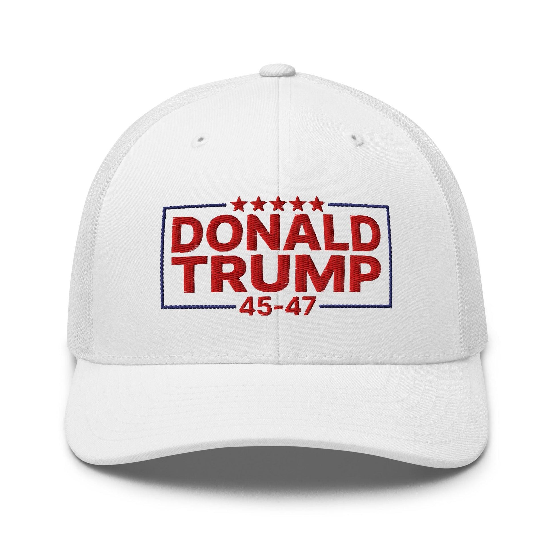 Donald Trump 45-47 Embroidered Mesh Trucker Hat - White