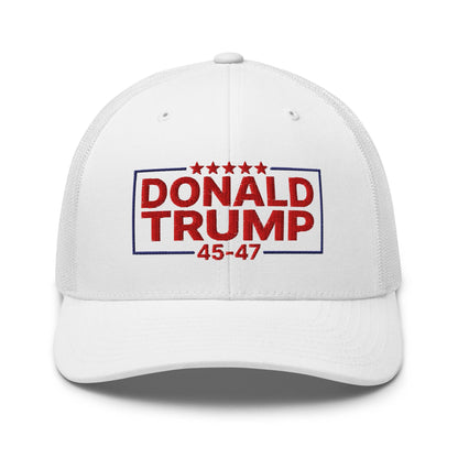Donald Trump 45-47 Embroidered Mesh Trucker Hat - White