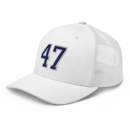 Donald Trump 47 Embroidered Mesh Trucker Hat Blue/White
