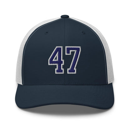 Donald Trump 47 Embroidered Mesh Trucker Hat Blue/White - Navy/ White