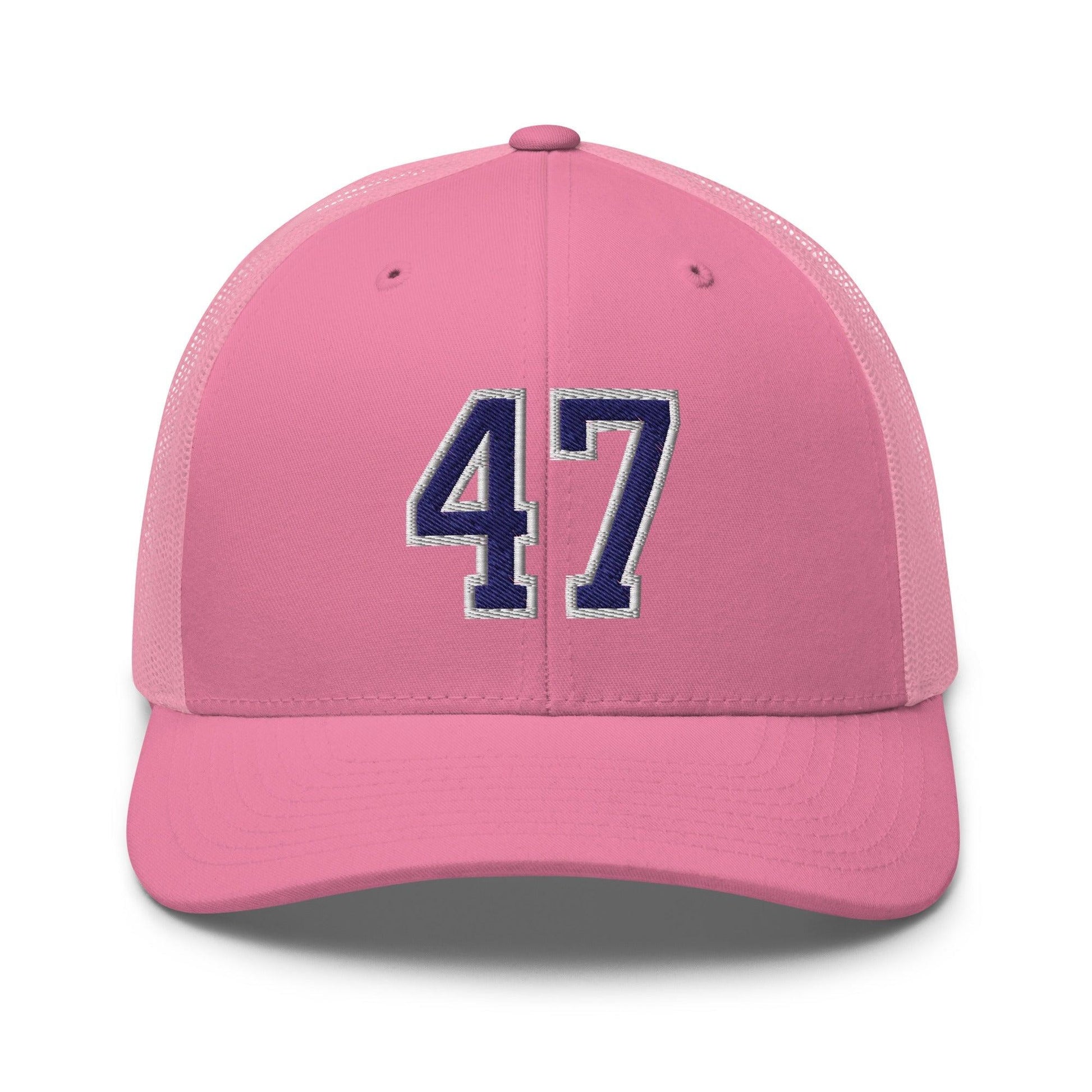Donald Trump 47 Embroidered Mesh Trucker Hat Blue/White - Pink