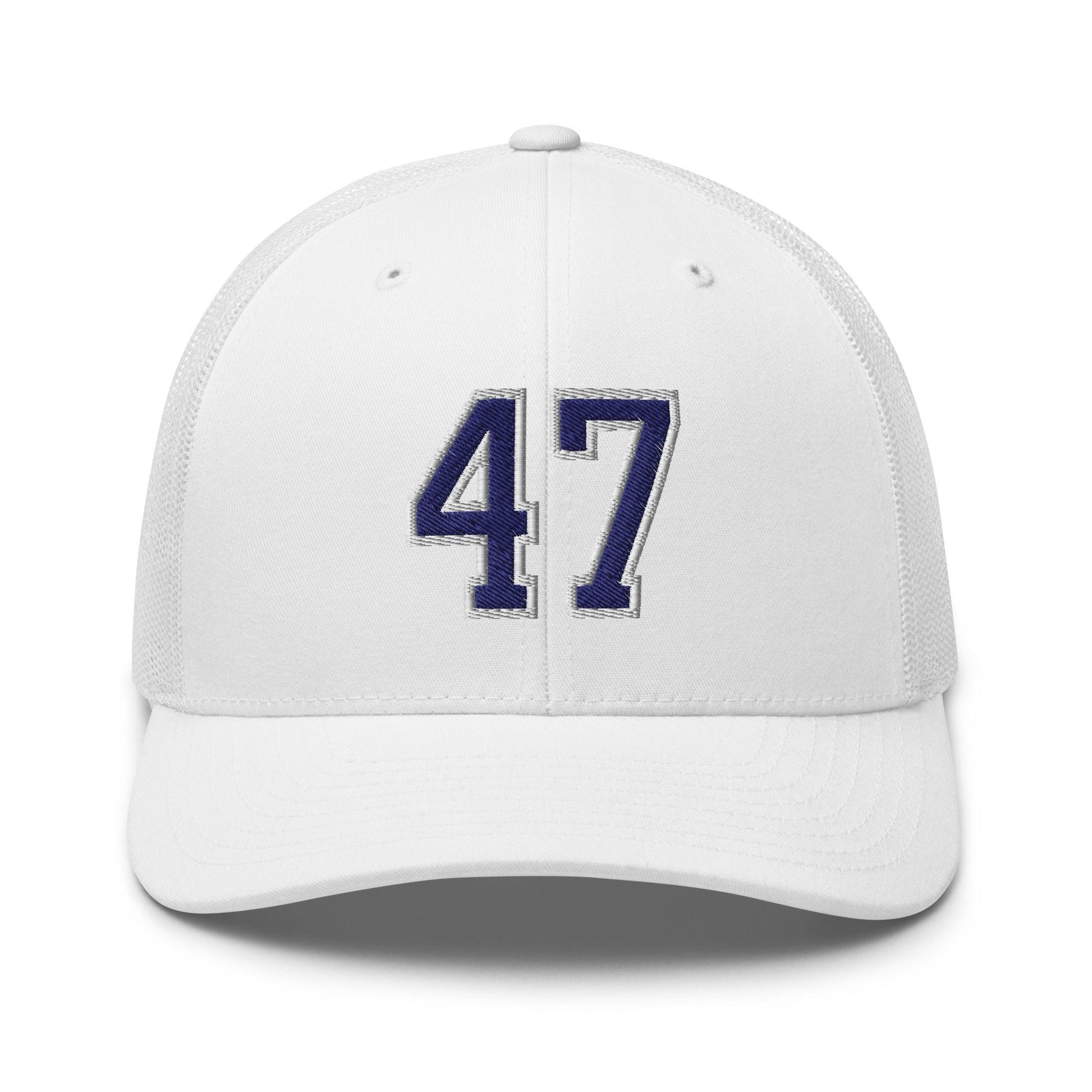 Donald Trump 47 Embroidered Mesh Trucker Hat Blue/White - White