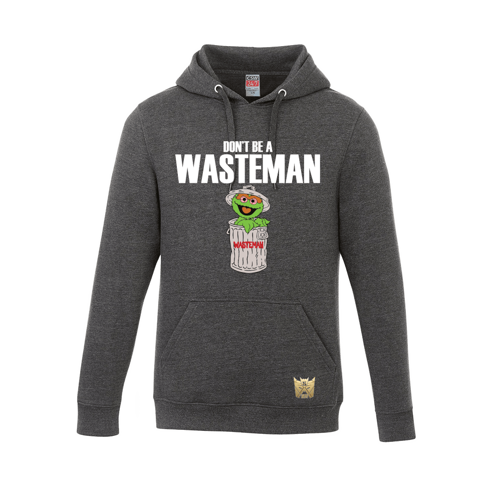 Gray wasteman pullover hoodie with cartoon graphic, ideal for custom apparel