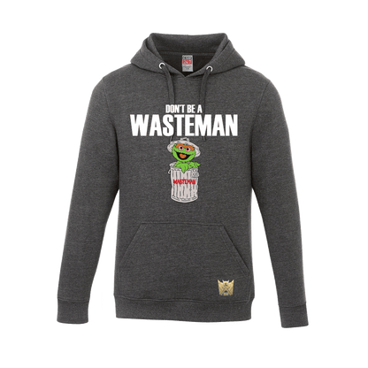 Gray wasteman pullover hoodie with cartoon graphic, ideal for custom apparel