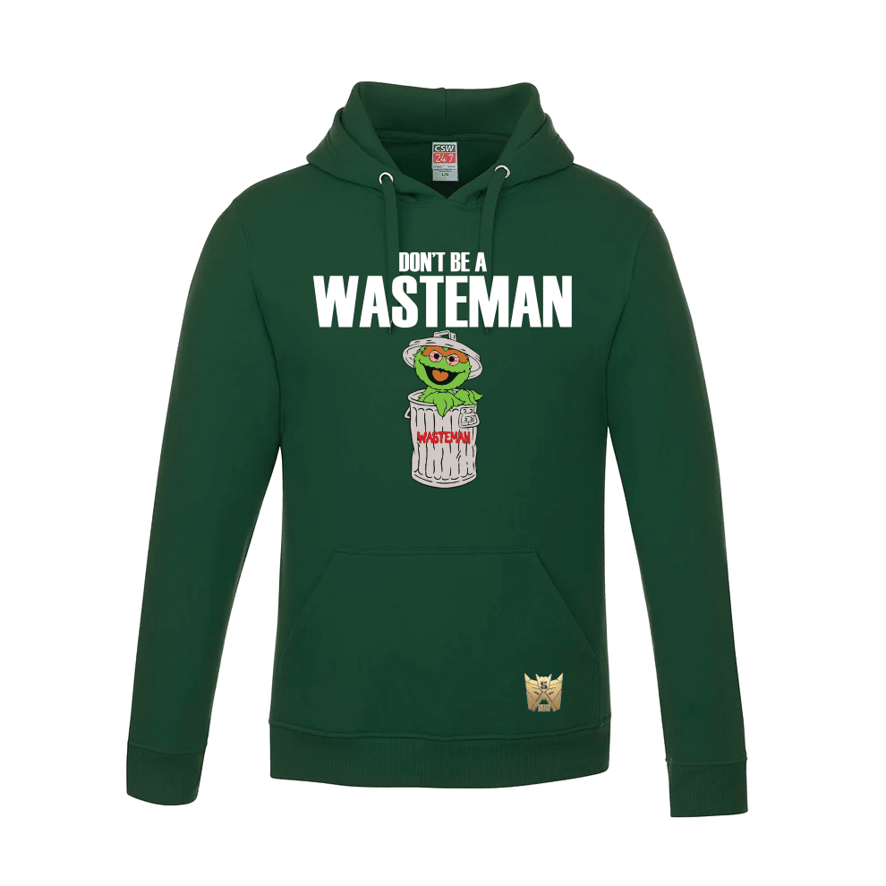 Green hoodie with Oscar the Grouch graphic showcasing Don’t Be A Wasteman Pullover Hoodie for custom apparel