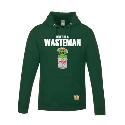 Green hoodie with Oscar the Grouch graphic showcasing Don’t Be A Wasteman Pullover Hoodie for custom apparel