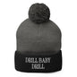 Drill Baby Embroidered Knit Pom Beanie - Dark Heather Grey/ Black