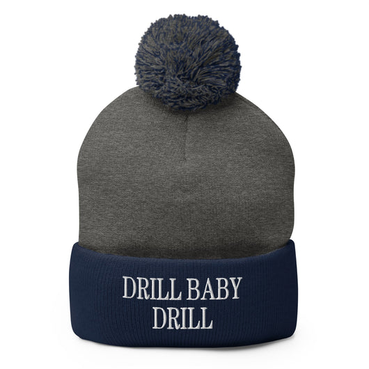 Drill Baby Drill Embroidered Knit Pom Pom Beanie - Dark Heather Grey/ Navy