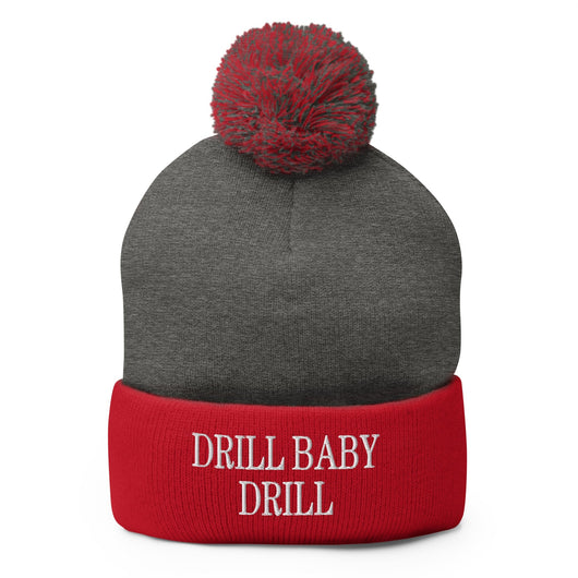Drill Baby Drill Embroidered Knit Pom Pom Beanie - Dark Heather Grey/ Red