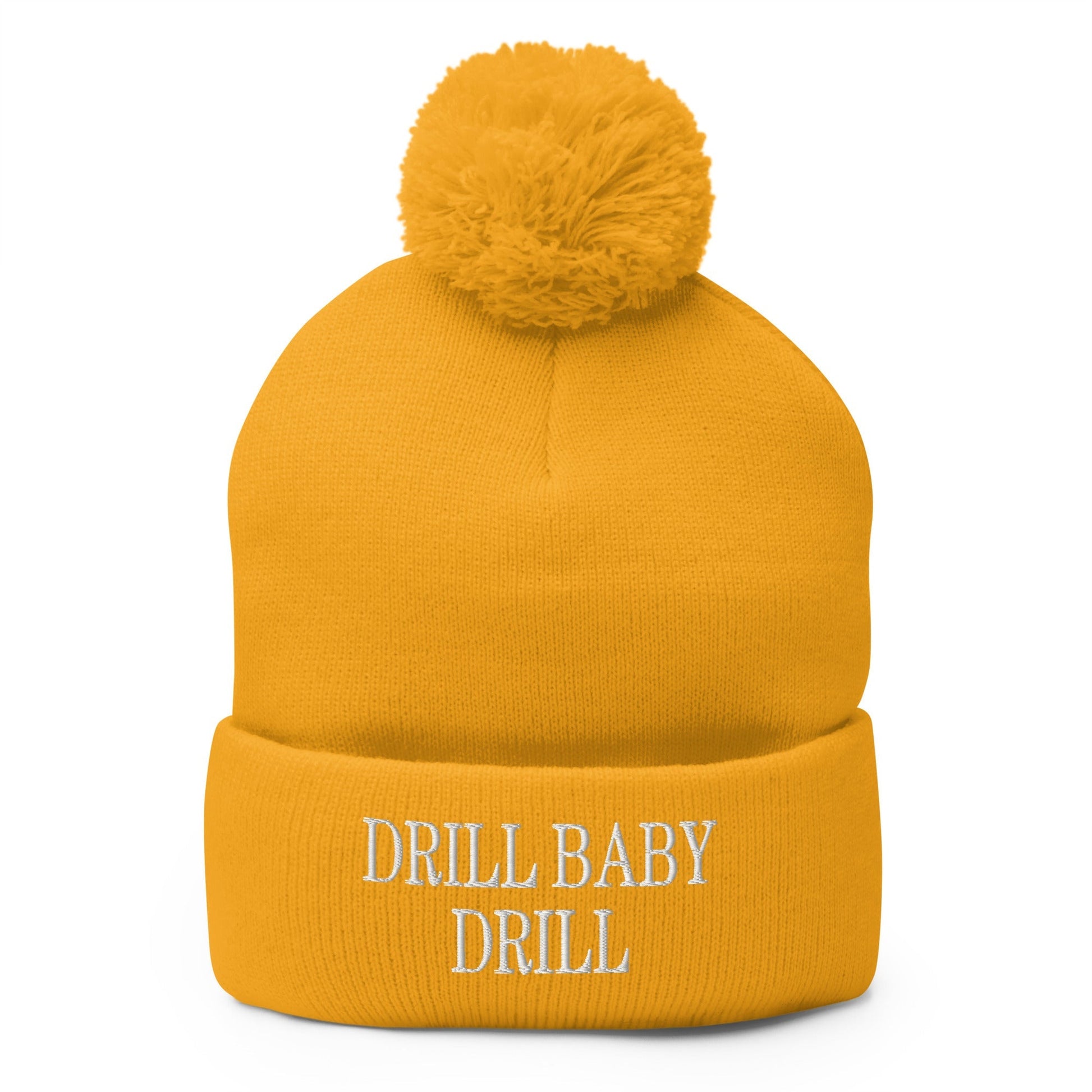 Drill Baby Embroidered Knit Pom Beanie - Gold