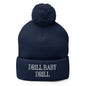 Drill Baby Embroidered Knit Pom Beanie - Navy