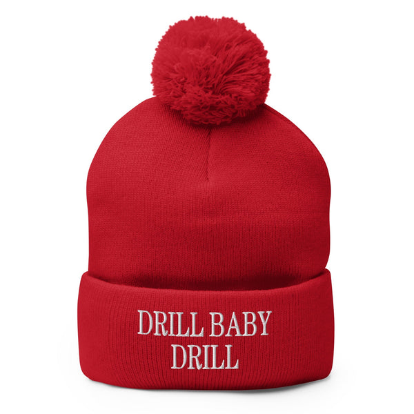 Drill Baby Drill Embroidered Knit Pom Pom Beanie - Red