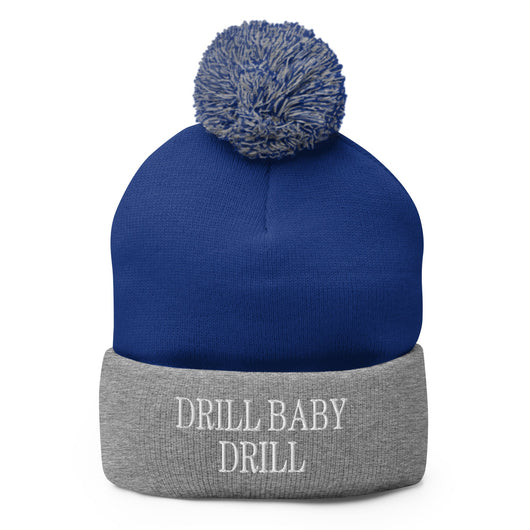 Drill Baby Drill Embroidered Knit Pom Pom Beanie - Royal/ Heather Grey