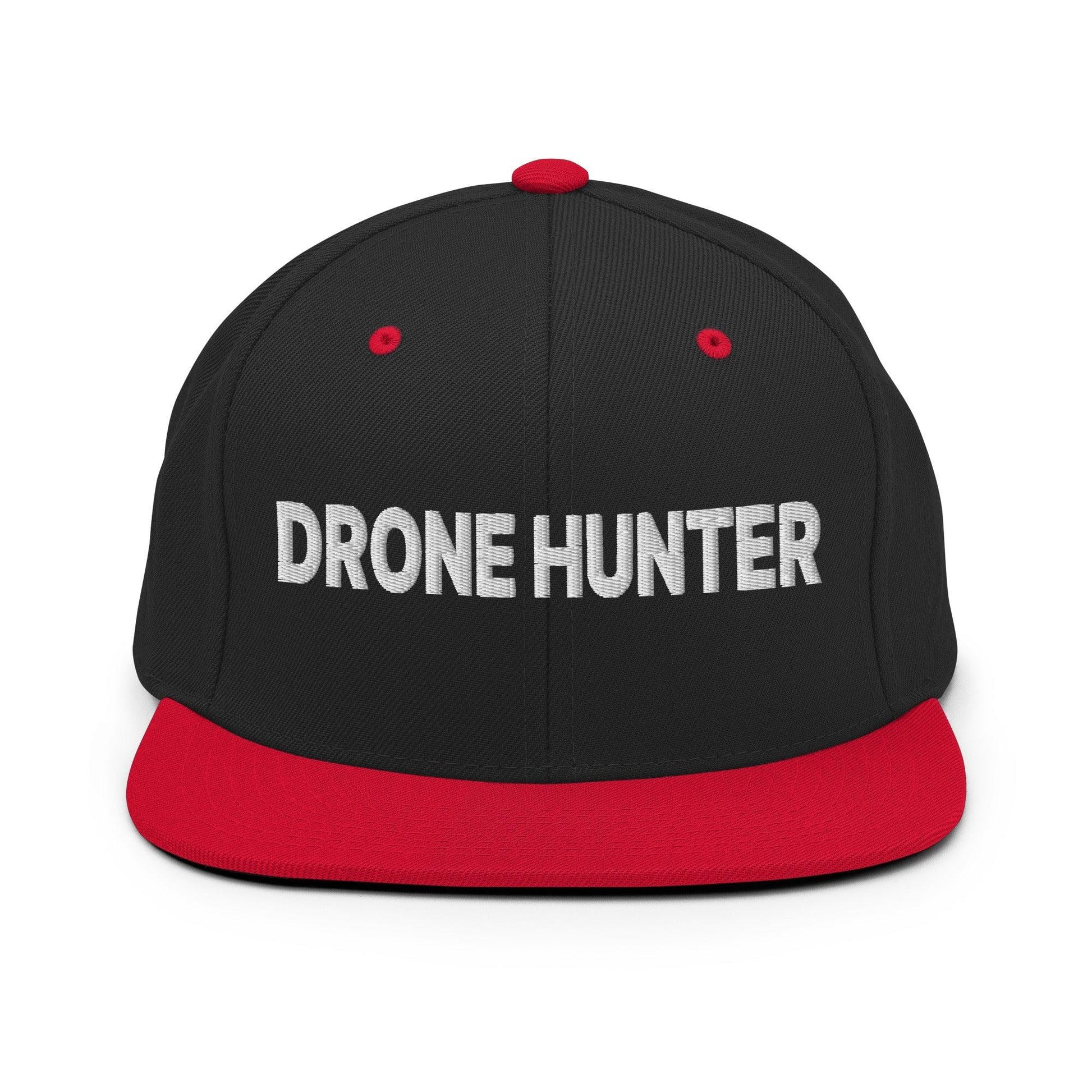 Drone Hunter Embroidered Flat Bill Brim Snapback Hat - Black/ Red