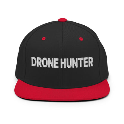 Drone Hunter Embroidered Flat Bill Brim Snapback Hat - Black/ Red