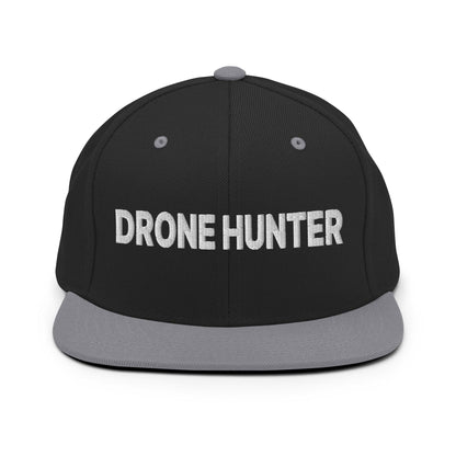 Drone Hunter Embroidered Flat Bill Brim Snapback Hat - Black/ Silver