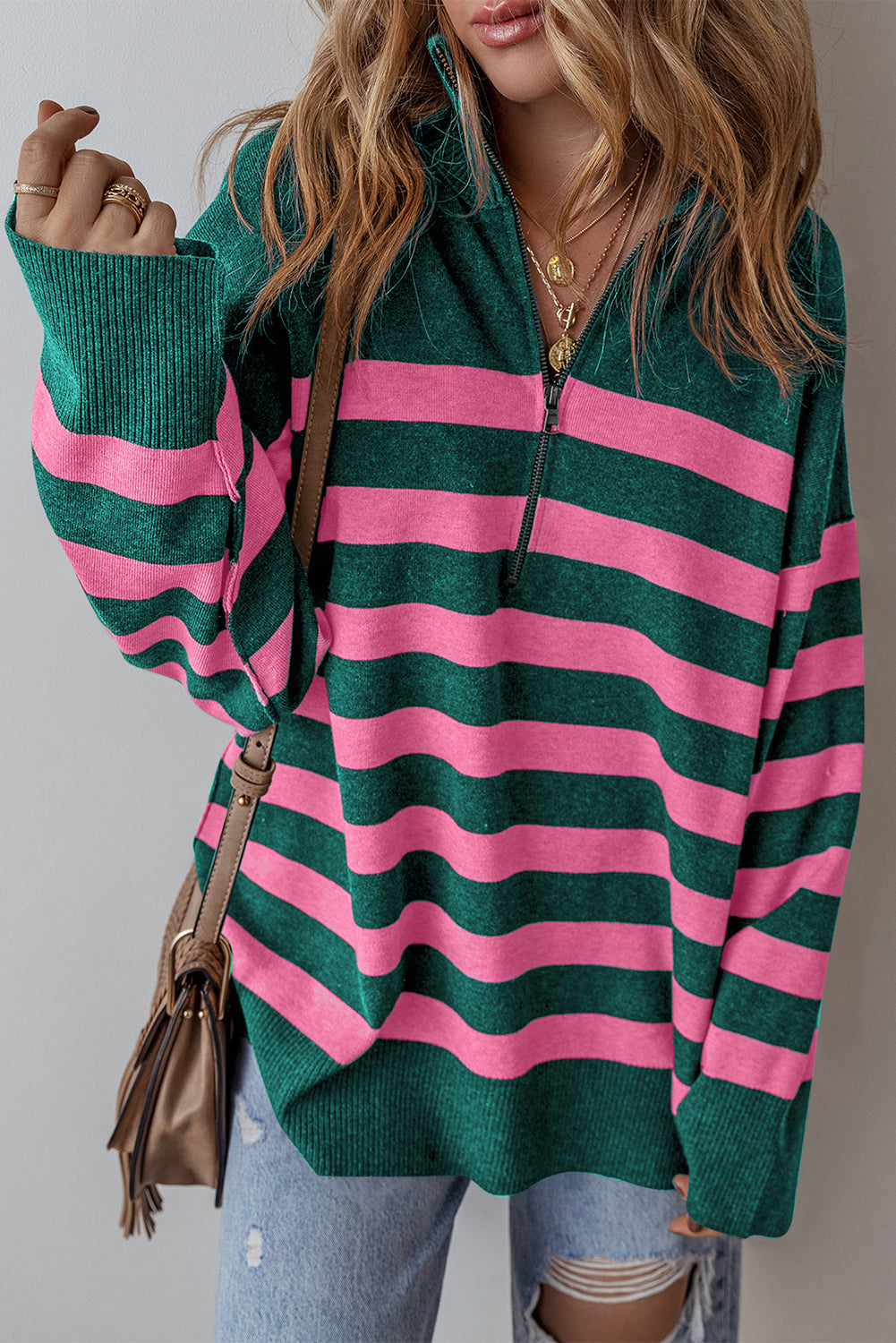 Black Striped Collared Quarter Zip Oversized Sweater