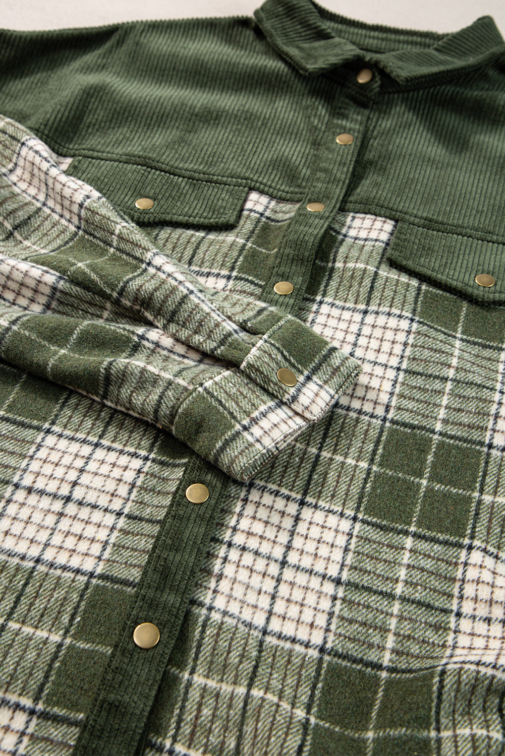 Blackish Green Snap Buttons Patchwork Plaid Shacket