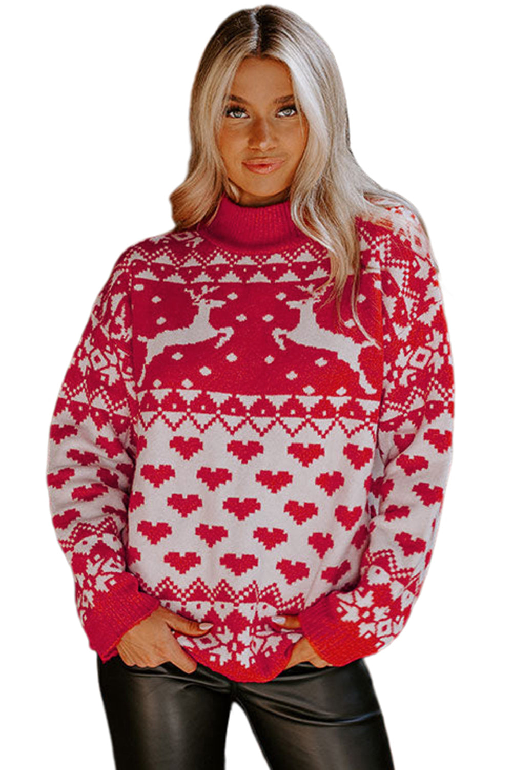 Fiery Red Christmas Reindeer Heart Pattern High Neck Sweater