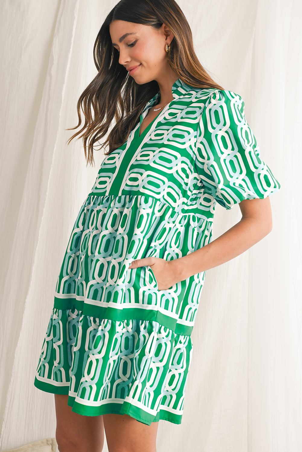 Bright Green Abstract Print V-Neck Puff Sleeve Mini Dress