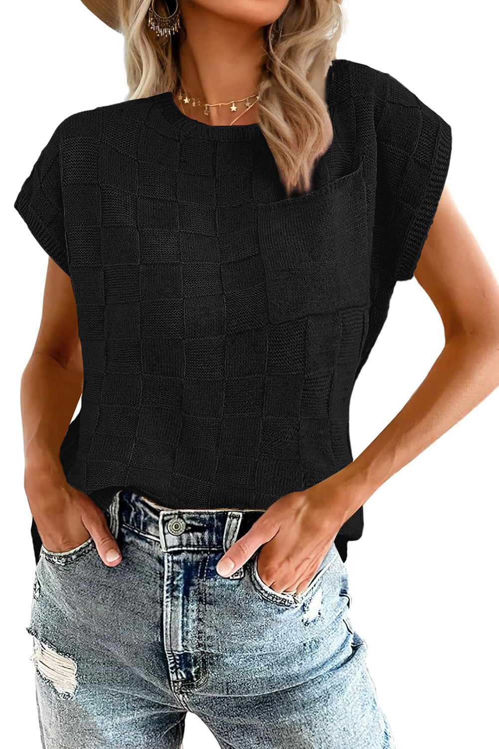 Black Lattice Textured Knit Short Sleeve Baggy Sweater