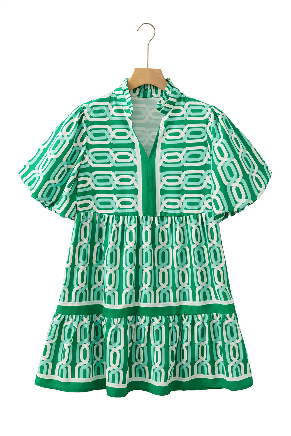 Bright Green Abstract Print V-Neck Puff Sleeve Mini Dress