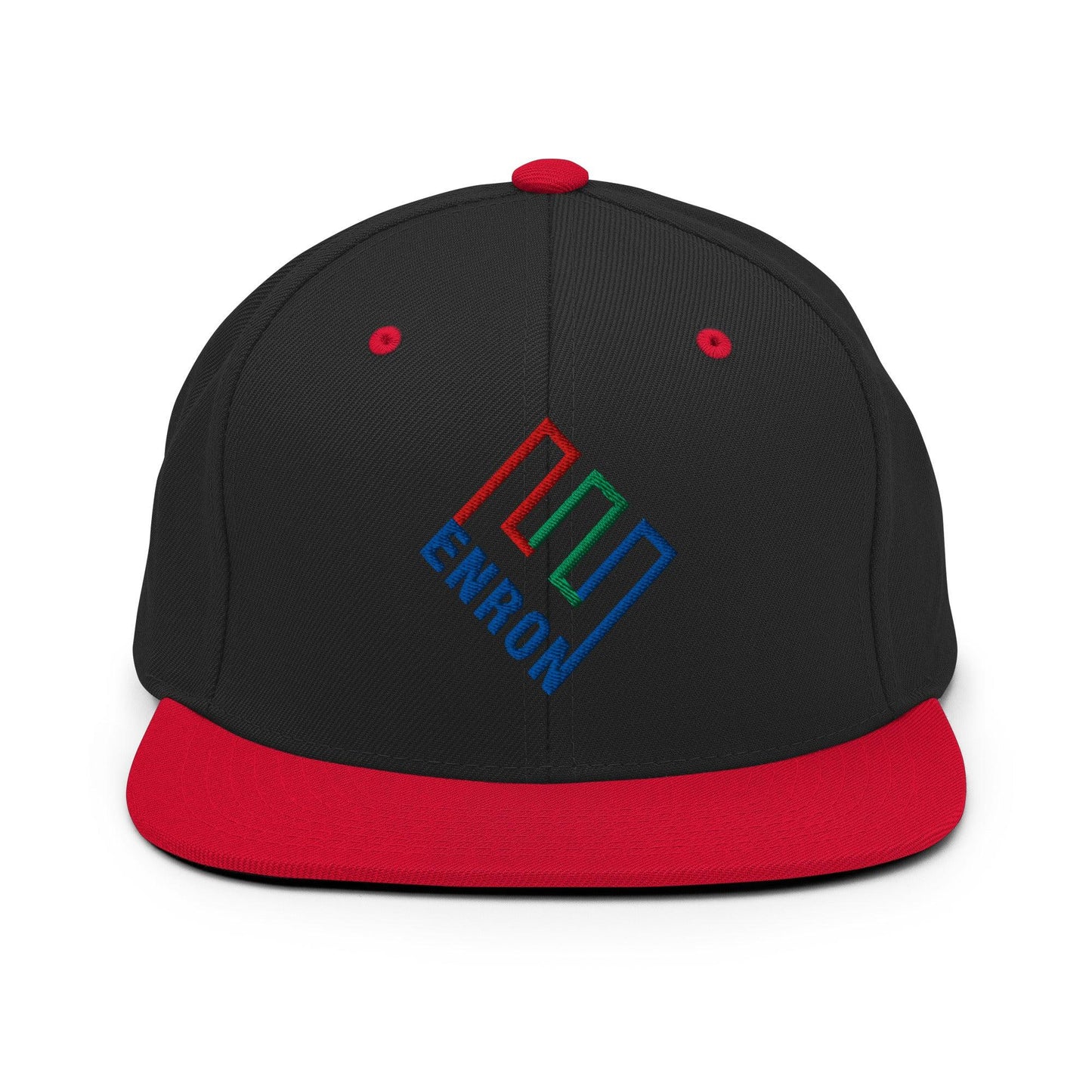 Enron Embroidered Flat Bill Brim Snapback Hat - Black/ Red