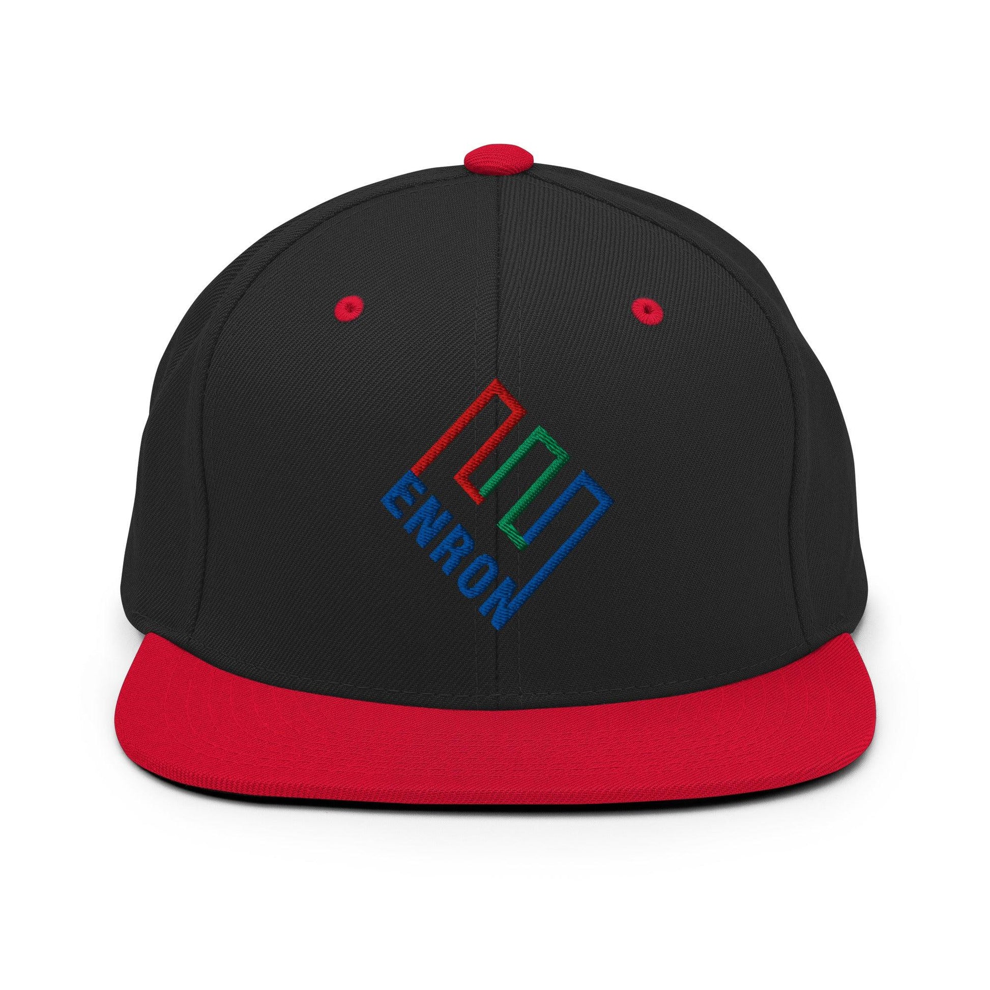 Enron Embroidered Flat Bill Brim Snapback Hat - Black/ Red