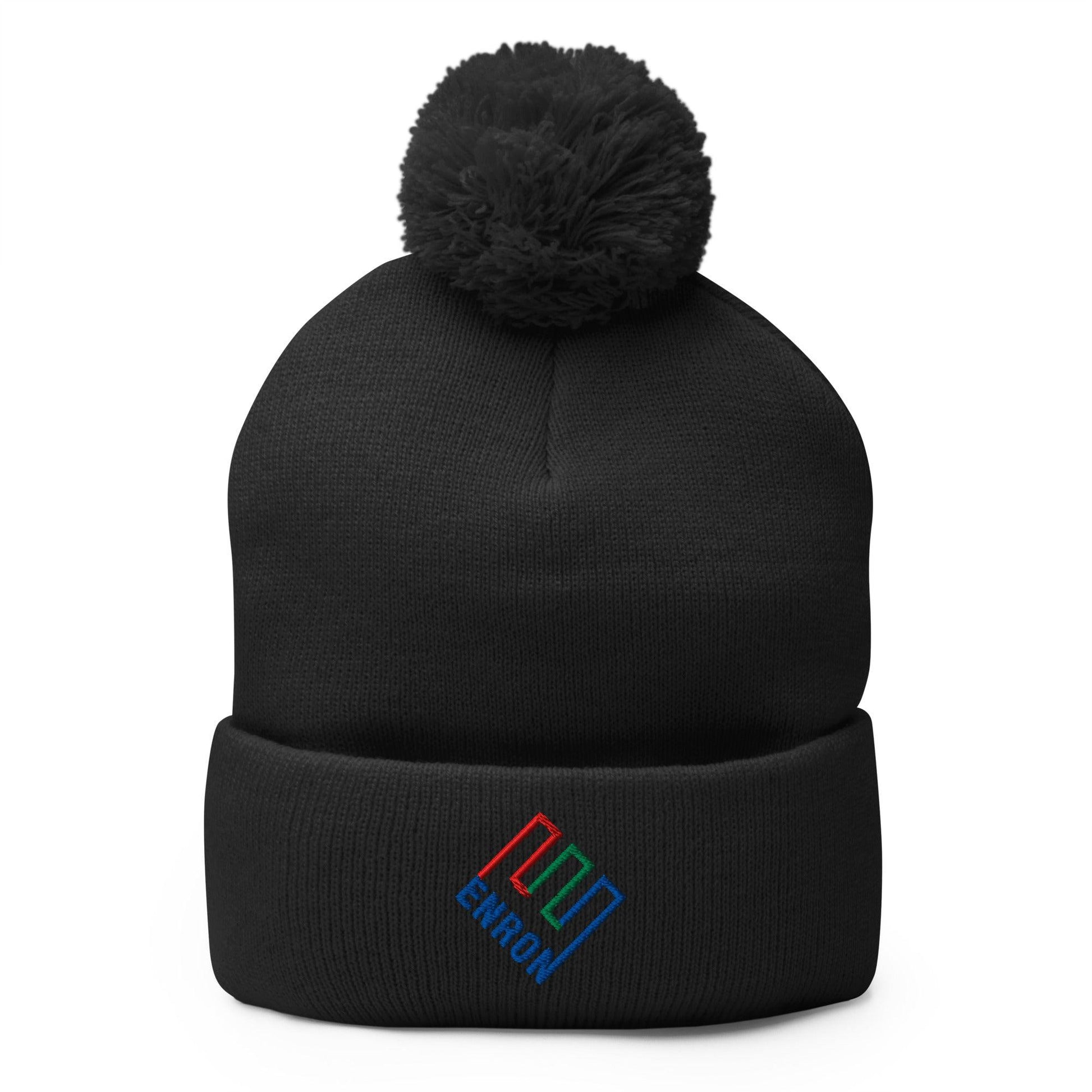 Enron Embroidered Knit Pom Beanie - Black