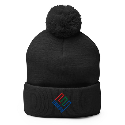 Enron Embroidered Knit Pom Beanie - Black