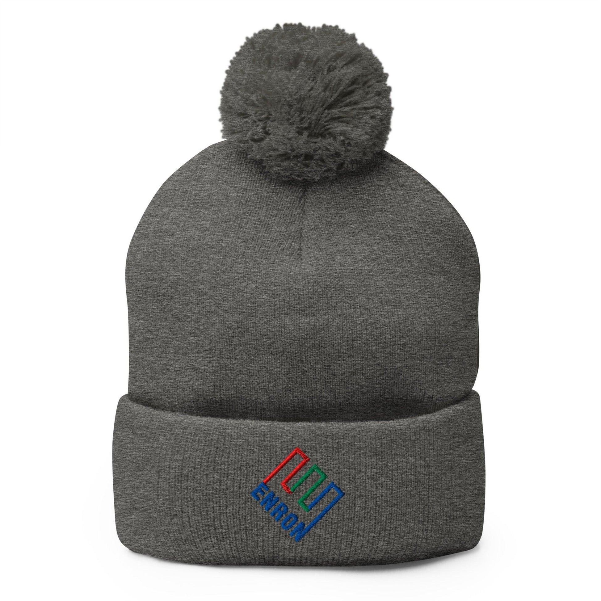Enron Embroidered Knit Pom Beanie - Dark Heather Grey