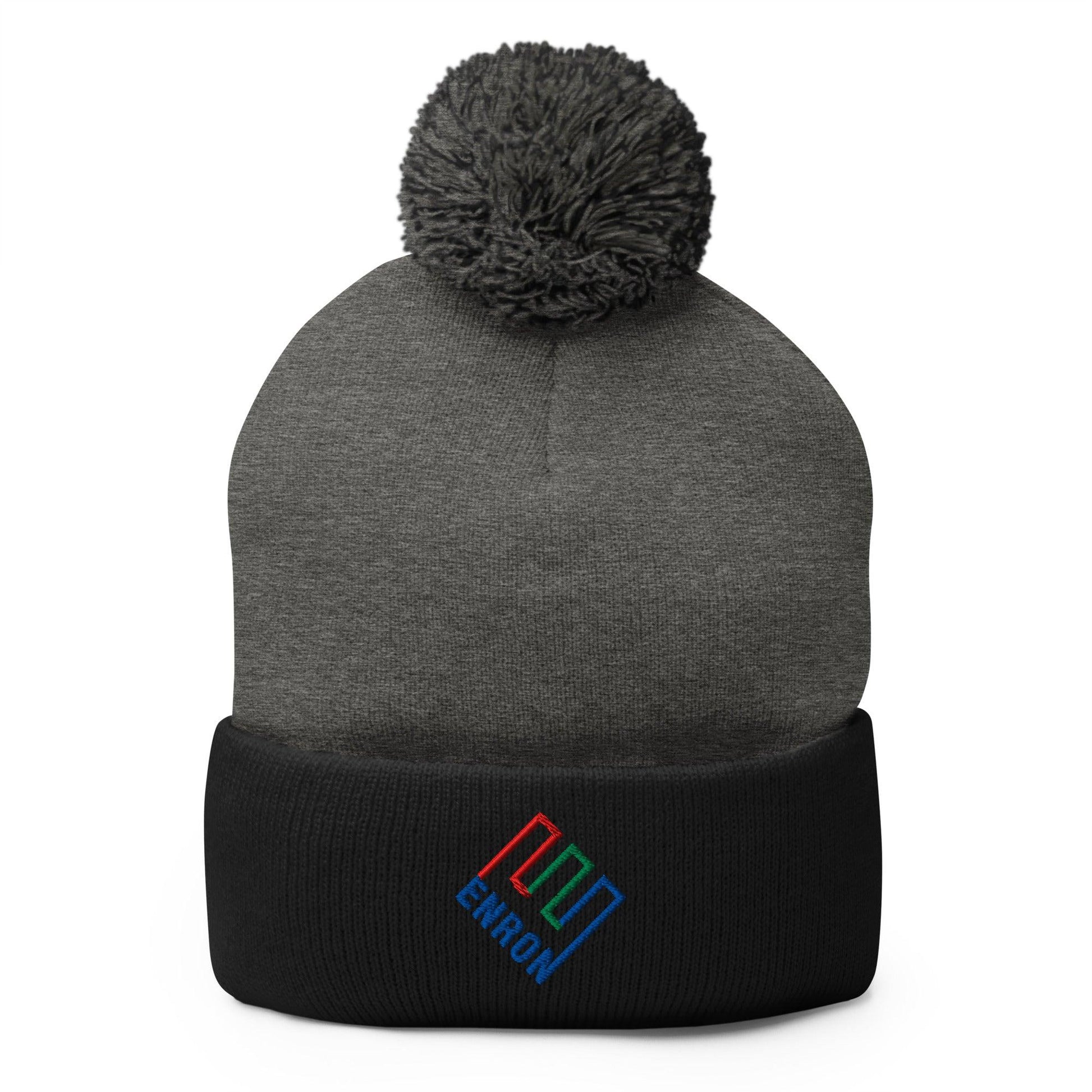 Enron Embroidered Knit Pom Beanie - Dark Heather Grey/ Black