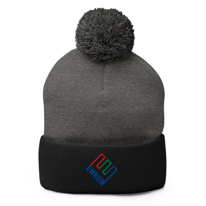 Enron Embroidered Knit Pom Beanie - Dark Heather Grey/ Black