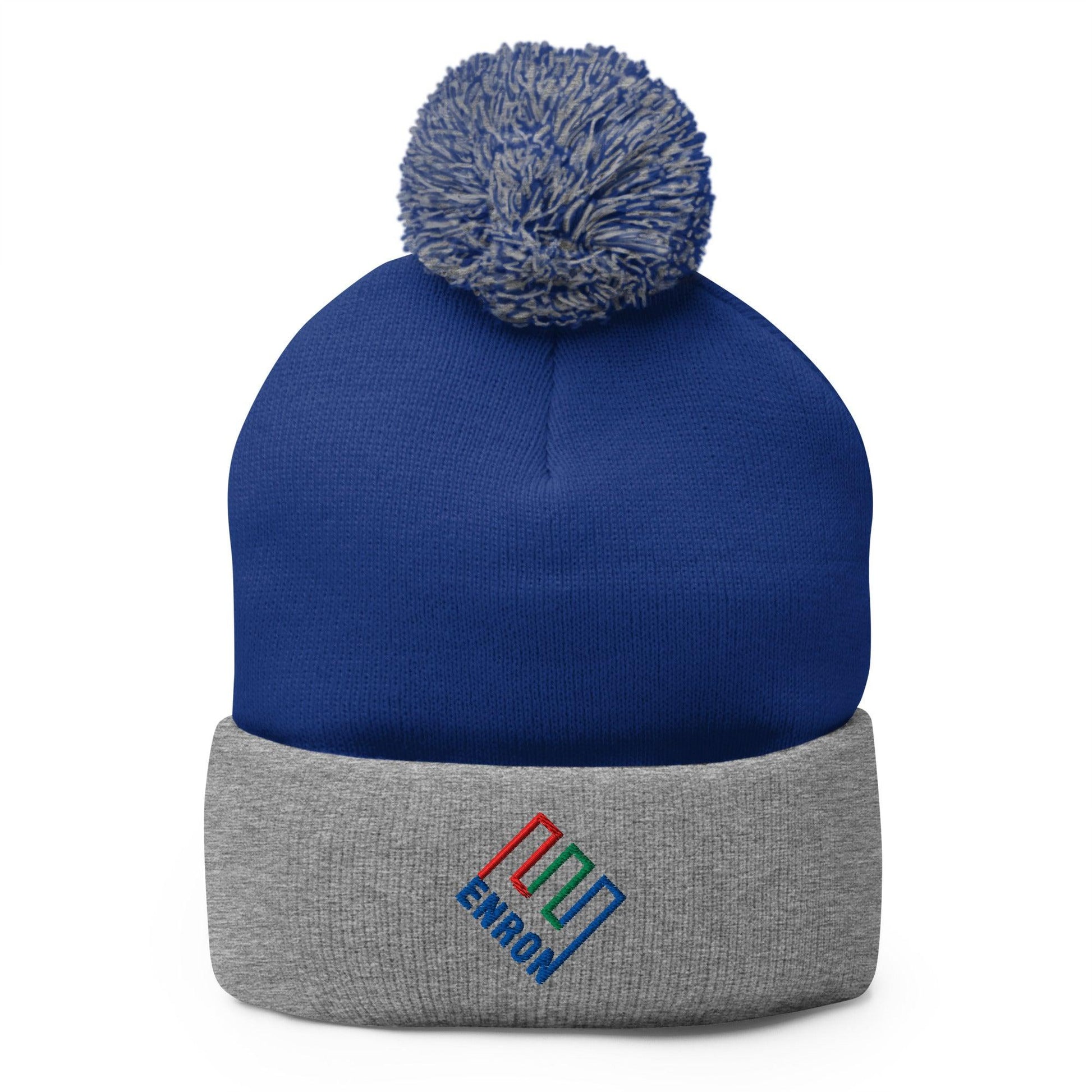 Enron Embroidered Knit Pom Beanie - Royal/ Heather Grey