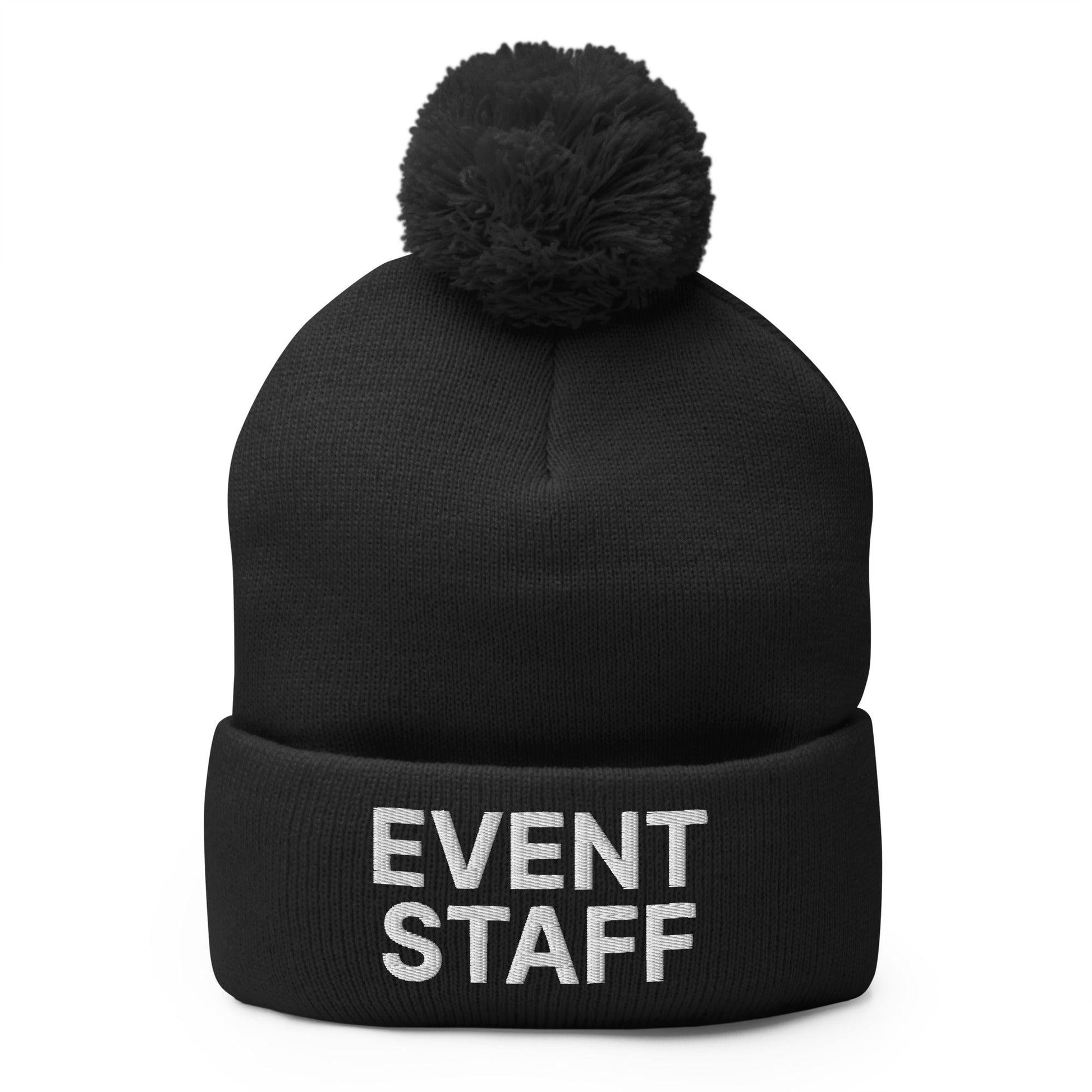 Event Staff Uniform Block Embroidered Knit Pom Beanie - Black