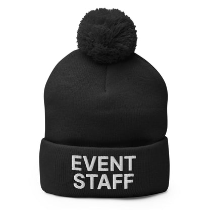 Event Staff Uniform Block Embroidered Knit Pom Beanie - Black